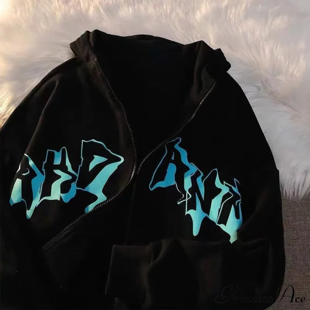Letter Print Zip Up Hoodies - Image 3