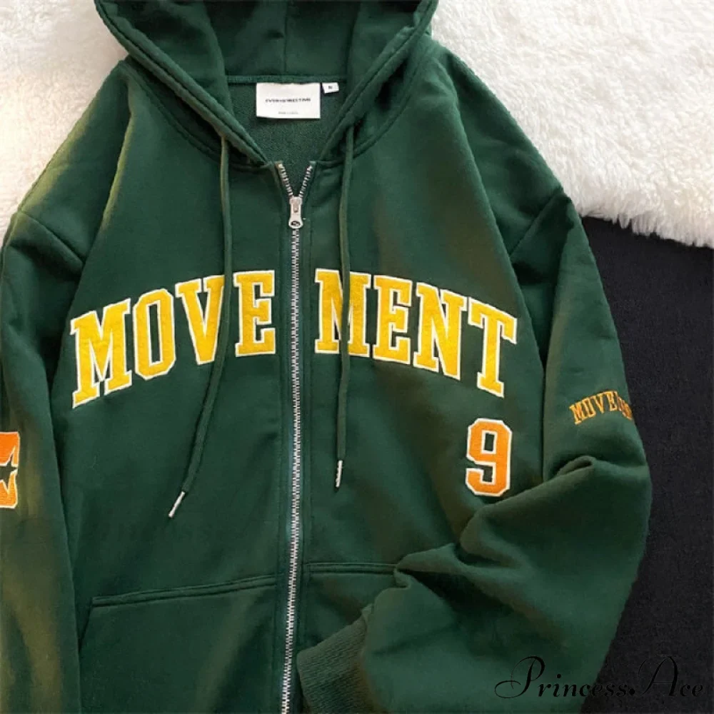 Letter Embroidery Vintage Loose Zipper Hoodies - Image 13
