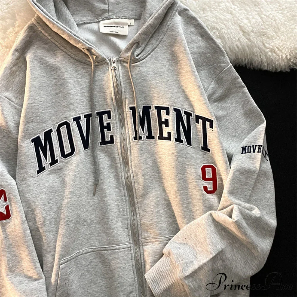 Letter Embroidery Vintage Loose Zipper Hoodies - Image 16
