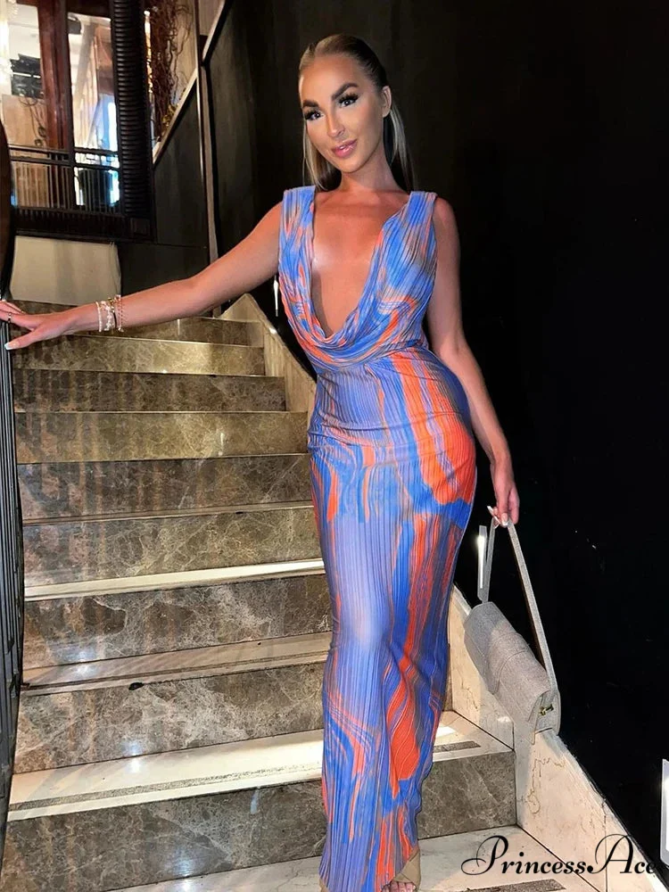 Print Profound Plunge Neck Full-Length Holiday Dress - Image 2