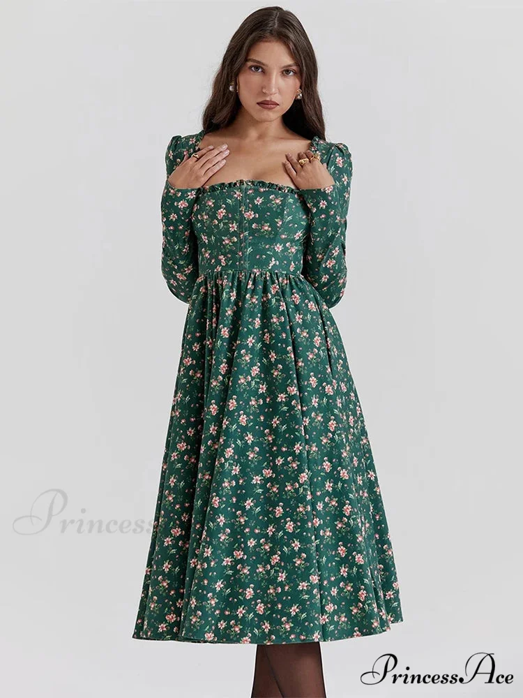 Printed Backless Square Neck Midi Flower Dress - Image 2