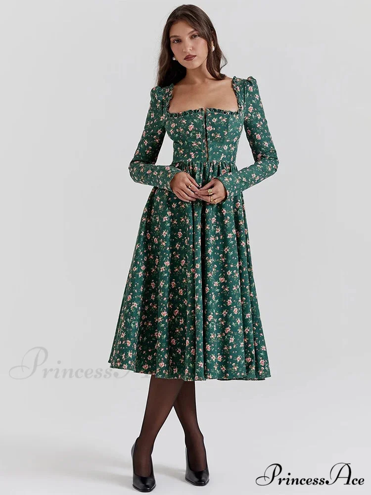Printed Backless Square Neck Midi Flower Dress - Image 3