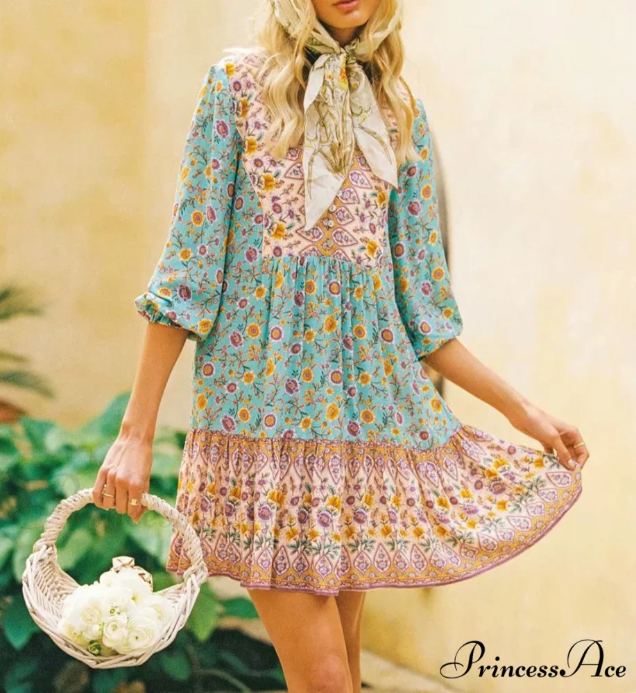 Printed Deep Plunge Neckline Three Quarter Sleeve Holiday Mini Boho Dress - Image 3