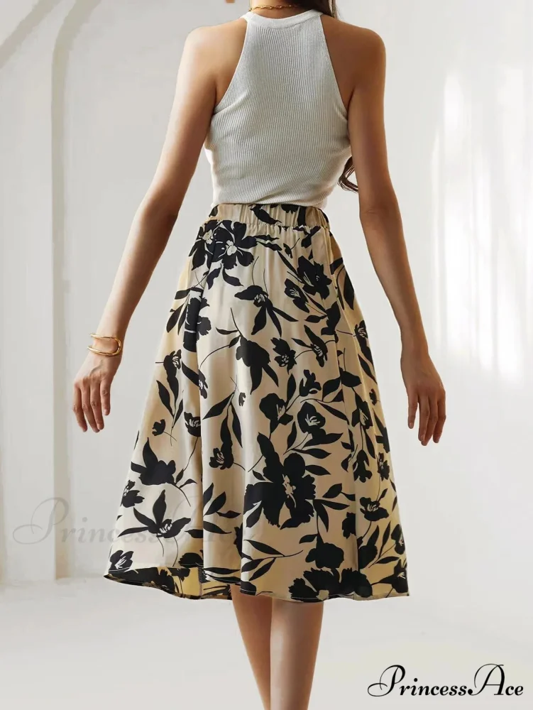 Printed Elastic Waist Below Knee A-Line Skirt - Image 2