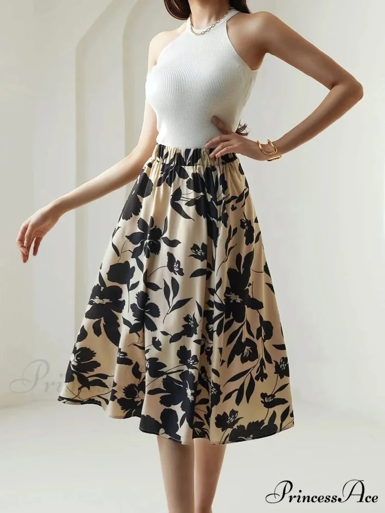 Printed Elastic Waist Below Knee A-Line Skirt - Image 3