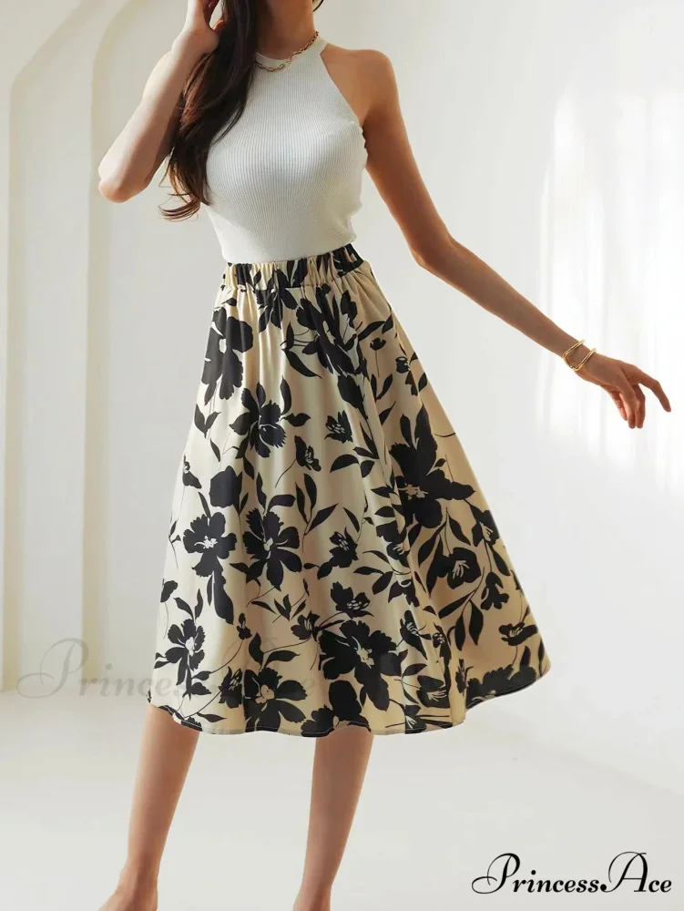 Printed Elastic Waist Below Knee A-Line Skirt - Image 4
