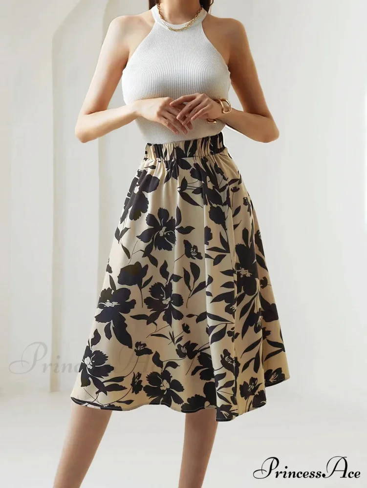 Printed Elastic Waist Below Knee A-Line Skirt - Image 5