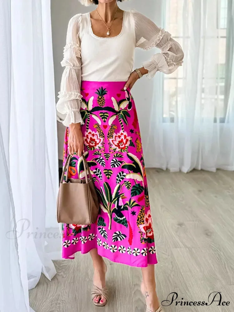 Printed Flared Skirt Flora Zipper Spring Summer Style Skirt - Image 2