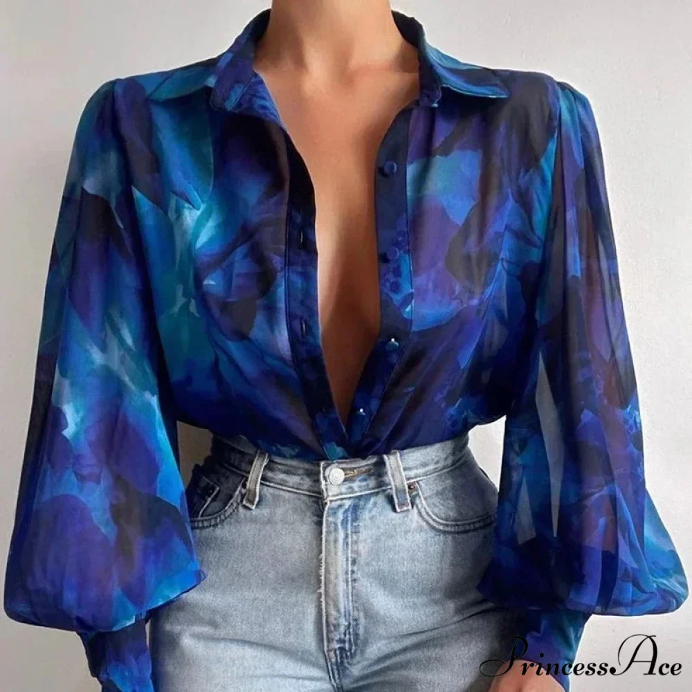 Printed Lantern Sleeve Antique Floral Button Long Sleeve Blouse - Image 2