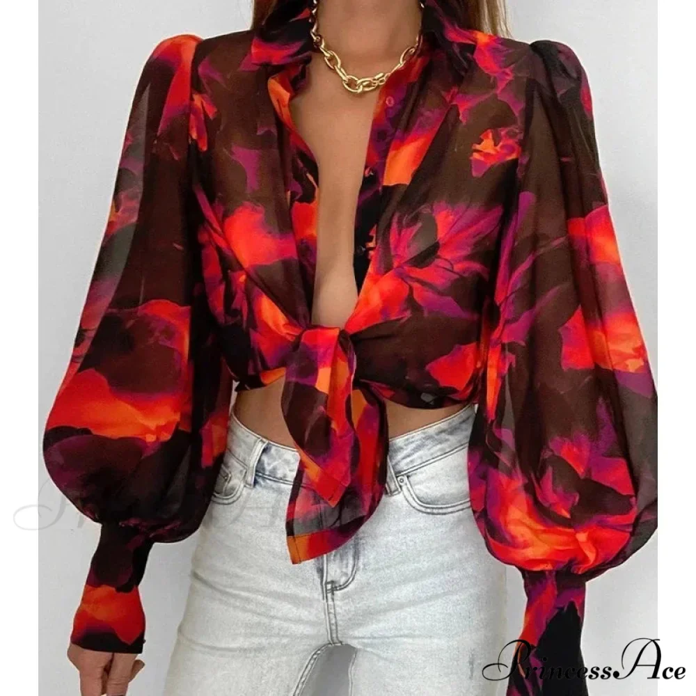 Printed Lantern Sleeve Antique Floral Button Long Sleeve Blouse - Image 3