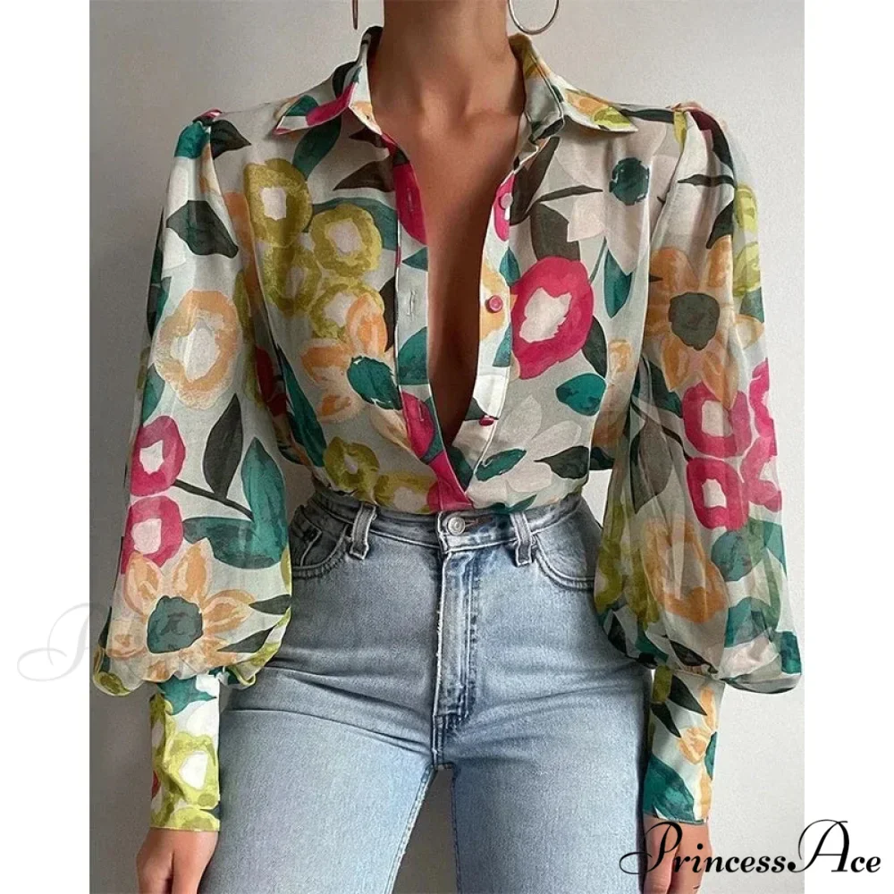 Printed Lantern Sleeve Antique Floral Button Long Sleeve Blouse - Image 4
