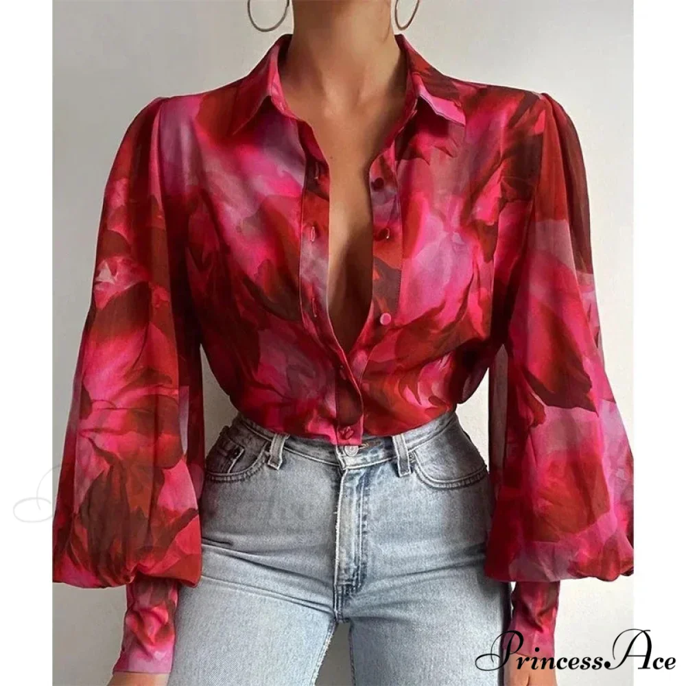 Printed Lantern Sleeve Antique Floral Button Long Sleeve Blouse - Image 5
