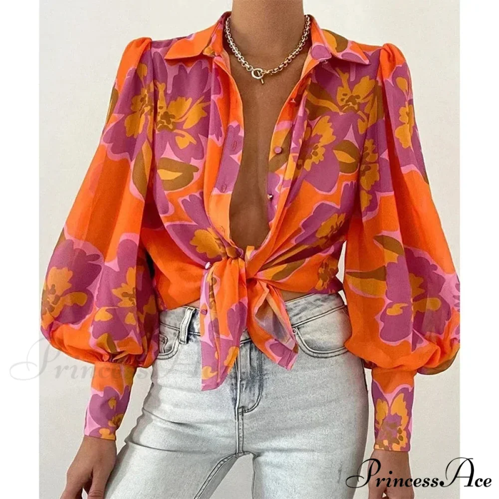 Printed Lantern Sleeve Antique Floral Button Long Sleeve Blouse - Image 6