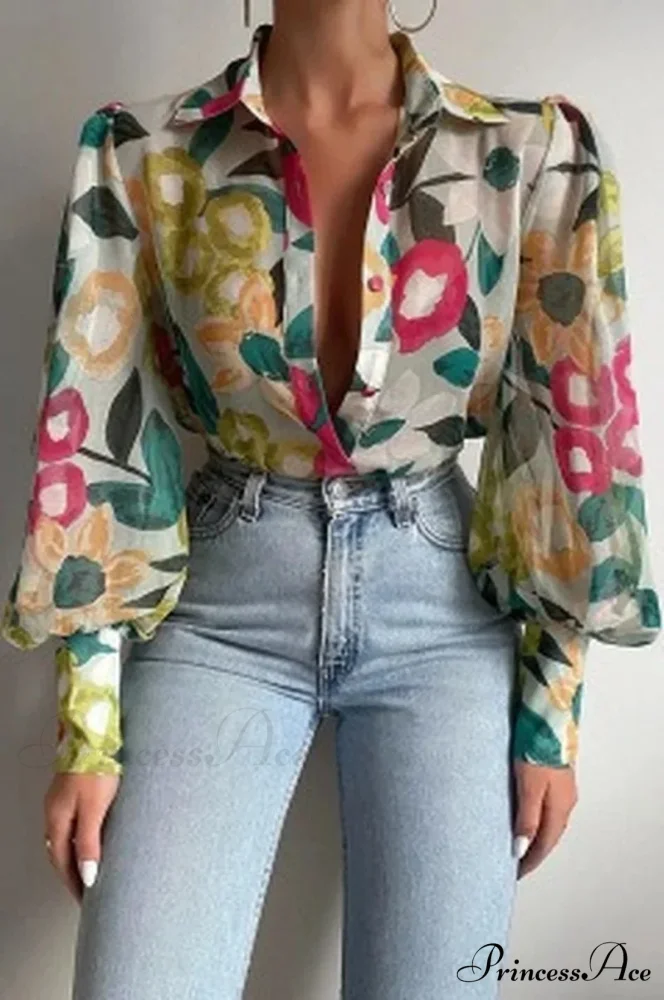Printed Lantern Sleeve Antique Floral Button Long Sleeve Blouse - Image 7