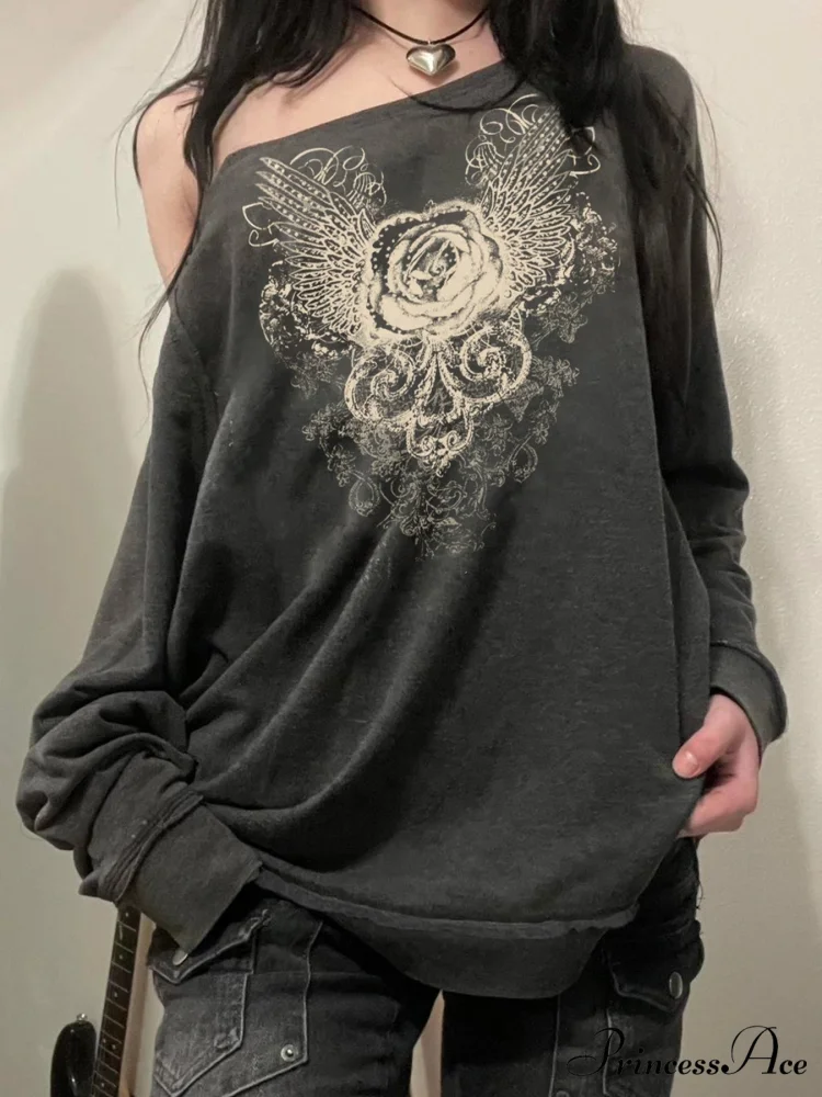 Printed Off-Shoulder Sweater Retro Baggy Long Sleeve Jumper - Image 2