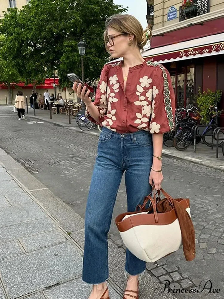 Printed Round Neck Short Sleeve Baggy Blouse - Image 4