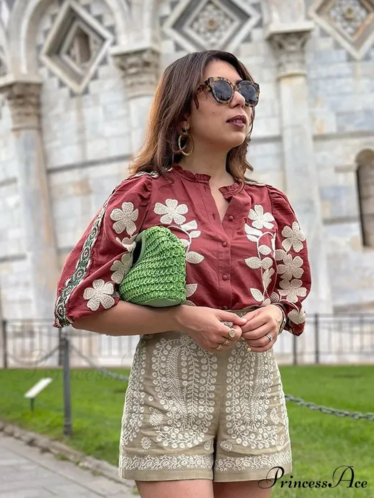 Printed Round Neck Short Sleeve Baggy Blouse - Image 7