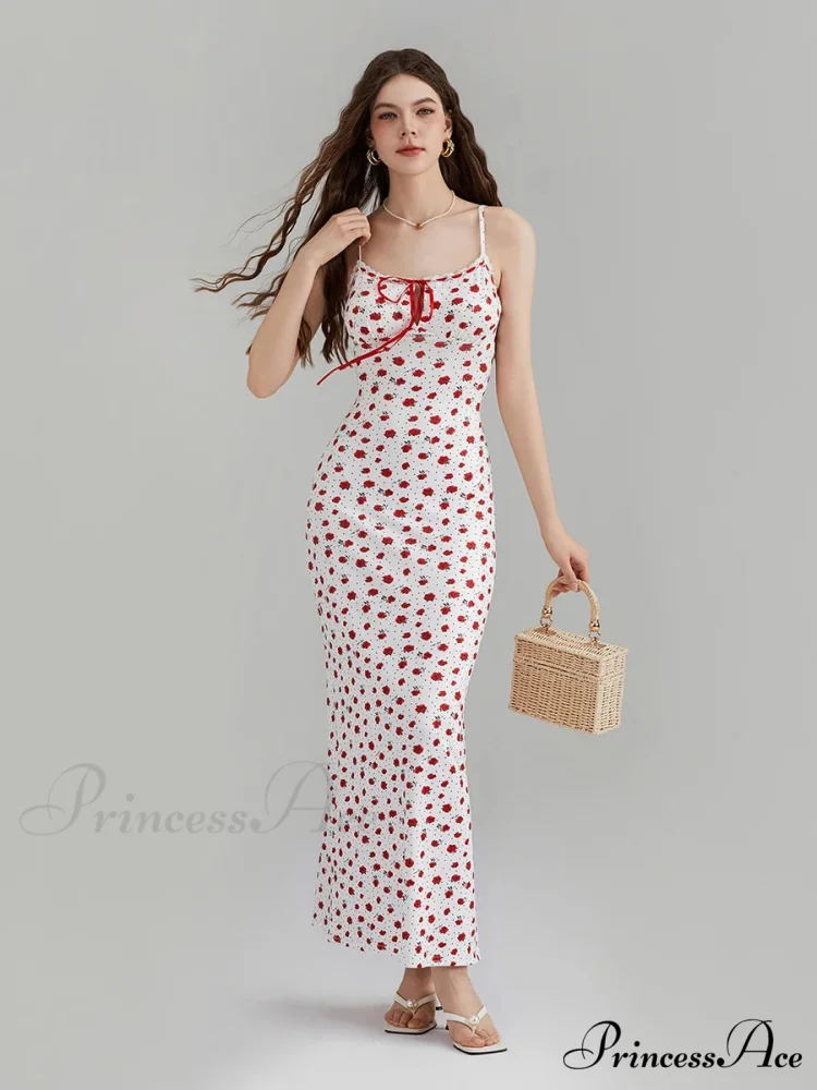 Printed Spaghetti Strap Ribbon Tie-Up Slip Holiday Flower Dress - Image 2