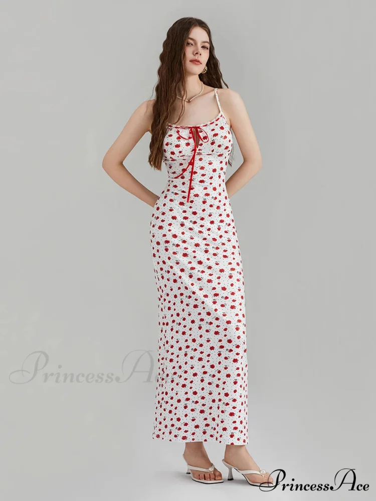 Printed Spaghetti Strap Ribbon Tie-Up Slip Holiday Flower Dress - Image 4