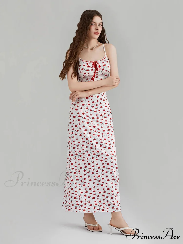 Printed Spaghetti Strap Ribbon Tie-Up Slip Holiday Flower Dress - Image 6