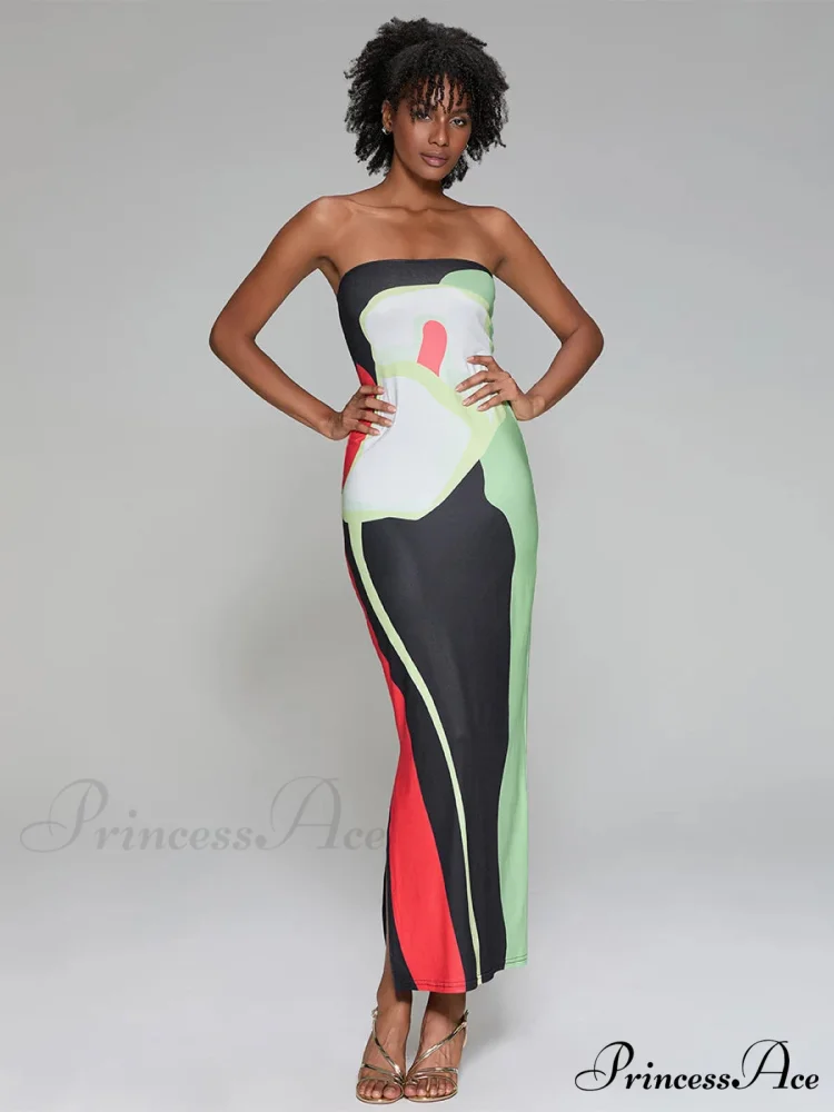 Printed Strapless Side Split Flower Dress - Image 2