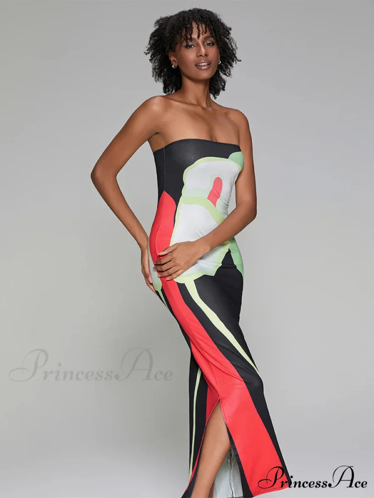 Printed Strapless Side Split Flower Dress - Image 3