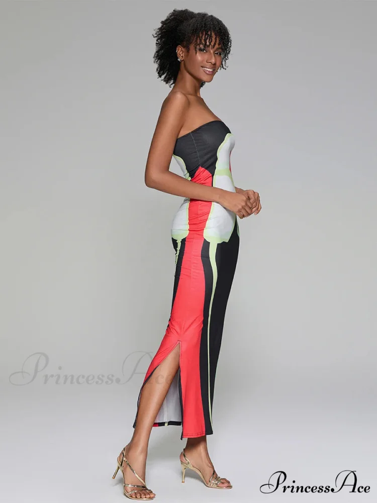 Printed Strapless Side Split Flower Dress - Image 4