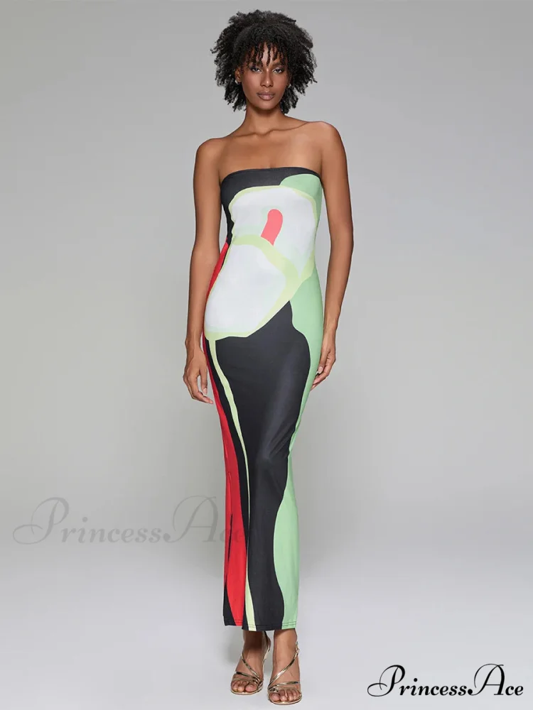 Printed Strapless Side Split Flower Dress - Image 5