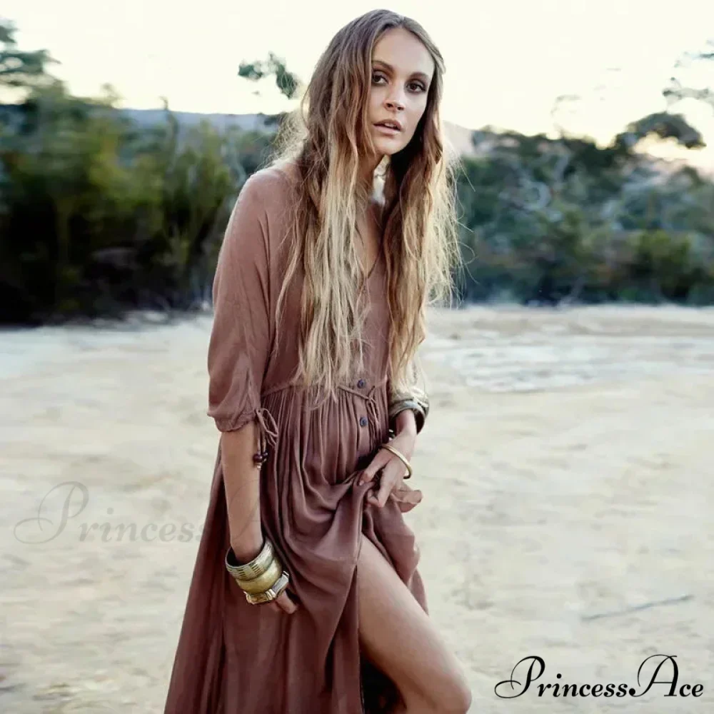Printing Large Deep V Neck Stretch Bohemian Dress - Image 3