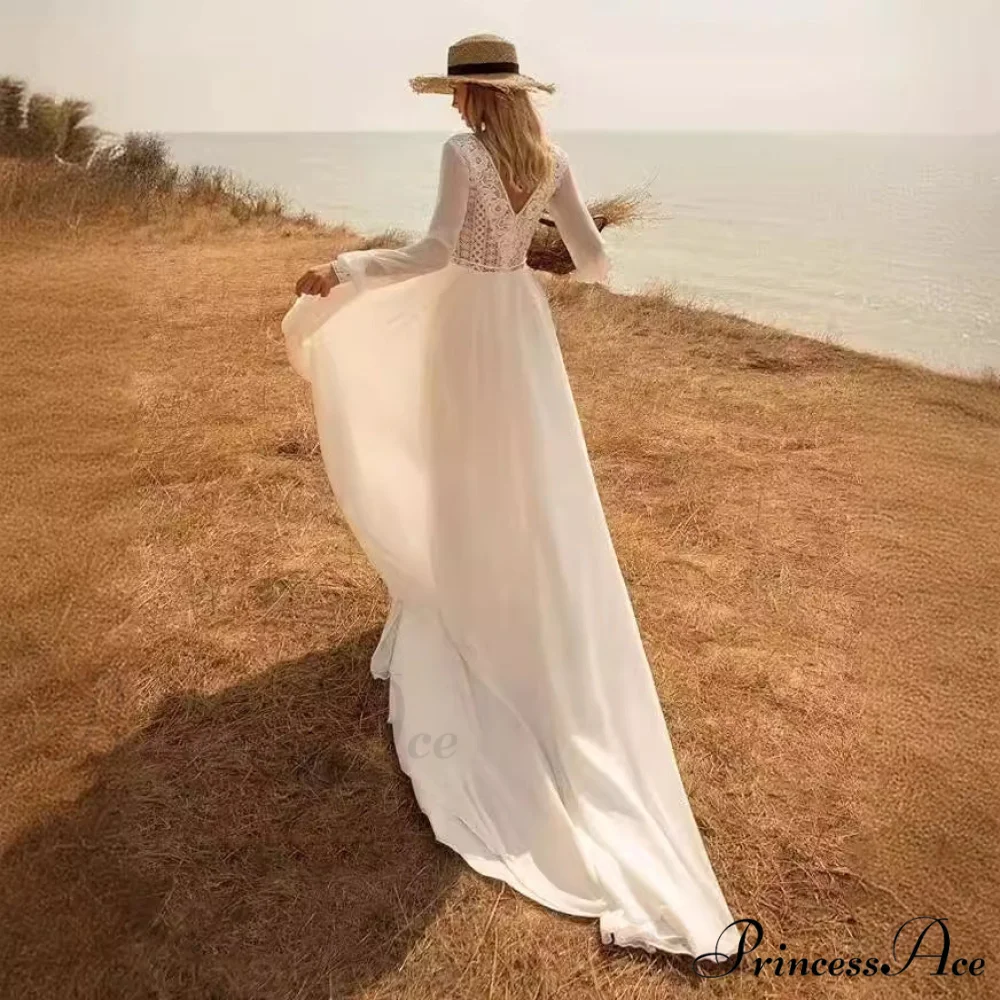 Profound Plunging Neckline Extended Sleeve Bridal Wedding Gown - Image 2