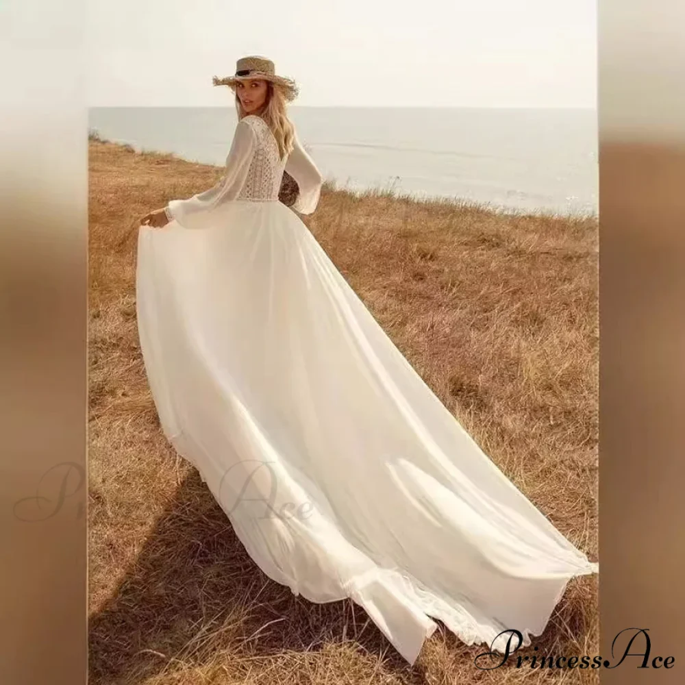 Profound Plunging Neckline Extended Sleeve Bridal Wedding Gown - Image 3