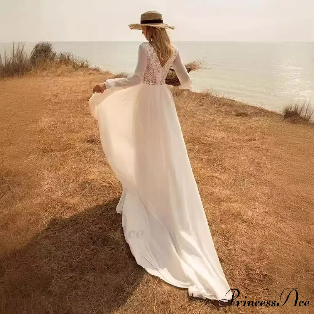 Profound Plunging Neckline Extended Sleeve Bridal Wedding Gown - Image 4