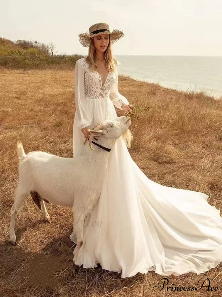 Profound Plunging Neckline Extended Sleeve Bridal Wedding Gown - Image 5