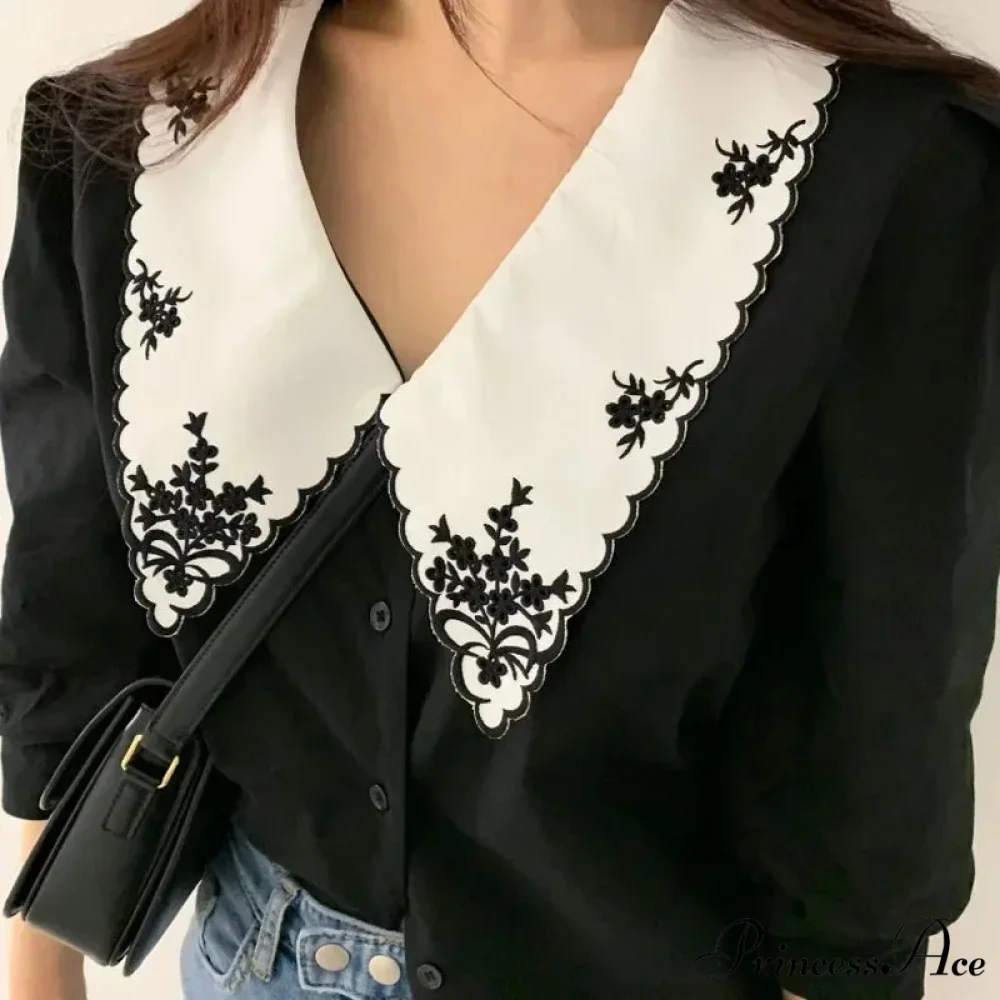 Puff Extended Sleeve Flower Stitch Blouse - Image 2