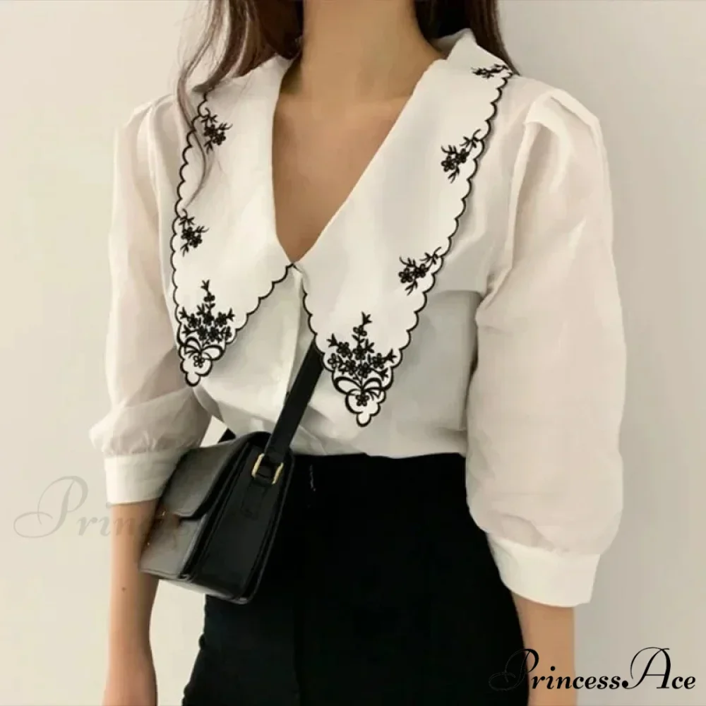 Puff Extended Sleeve Flower Stitch Blouse - Image 5