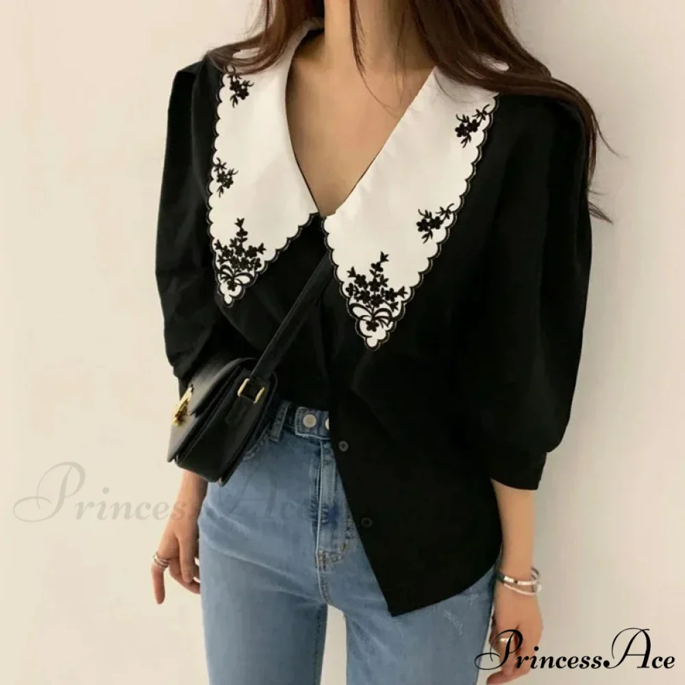 Puff Extended Sleeve Flower Stitch Blouse - Image 6