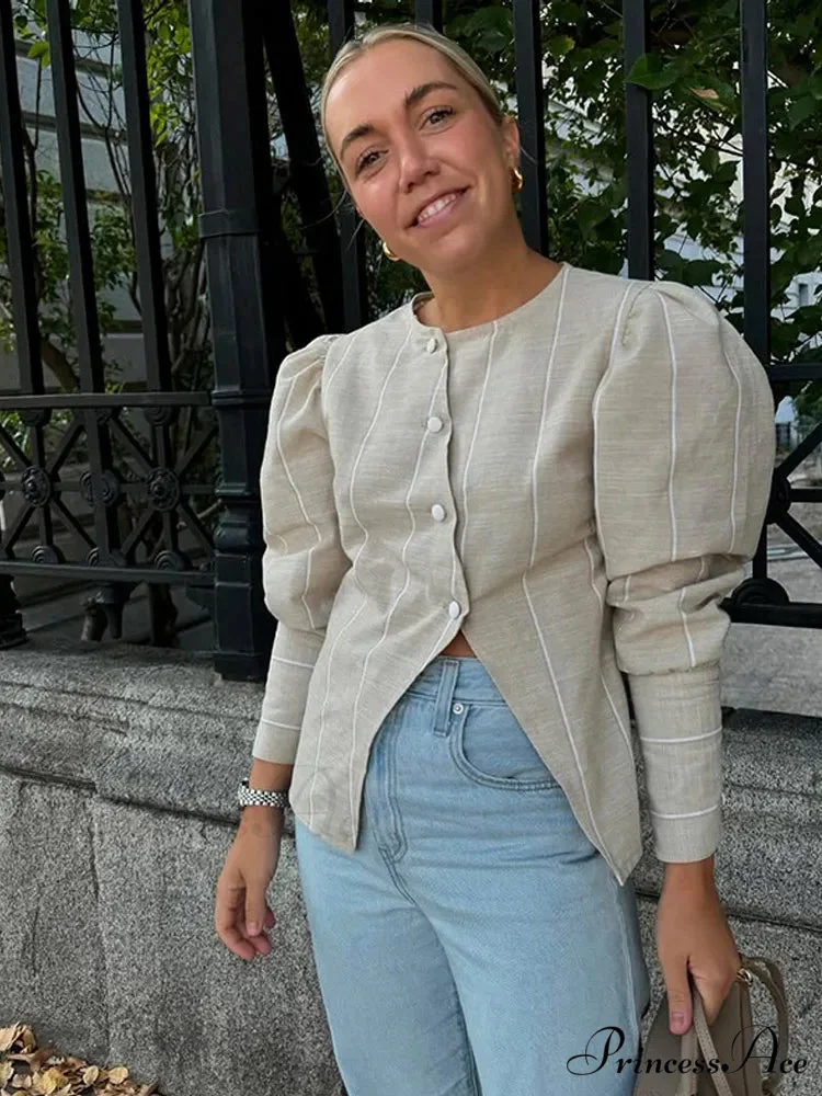 Puffy Sleeve Slanted Button Striped Top - Image 3