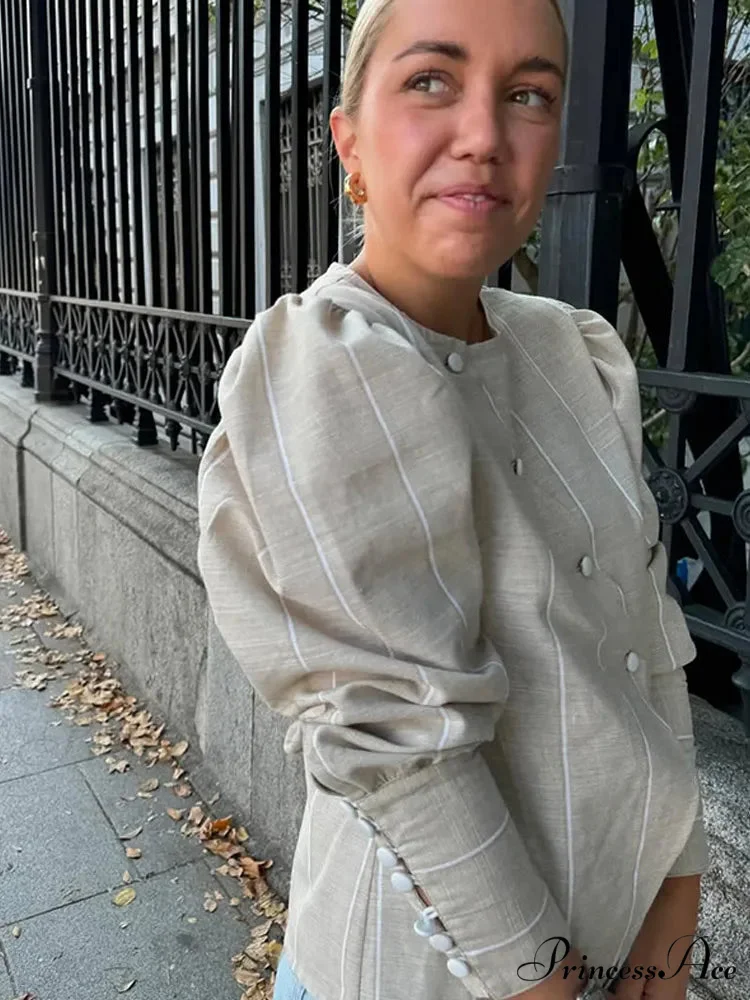 Puffy Sleeve Slanted Button Striped Top - Image 4