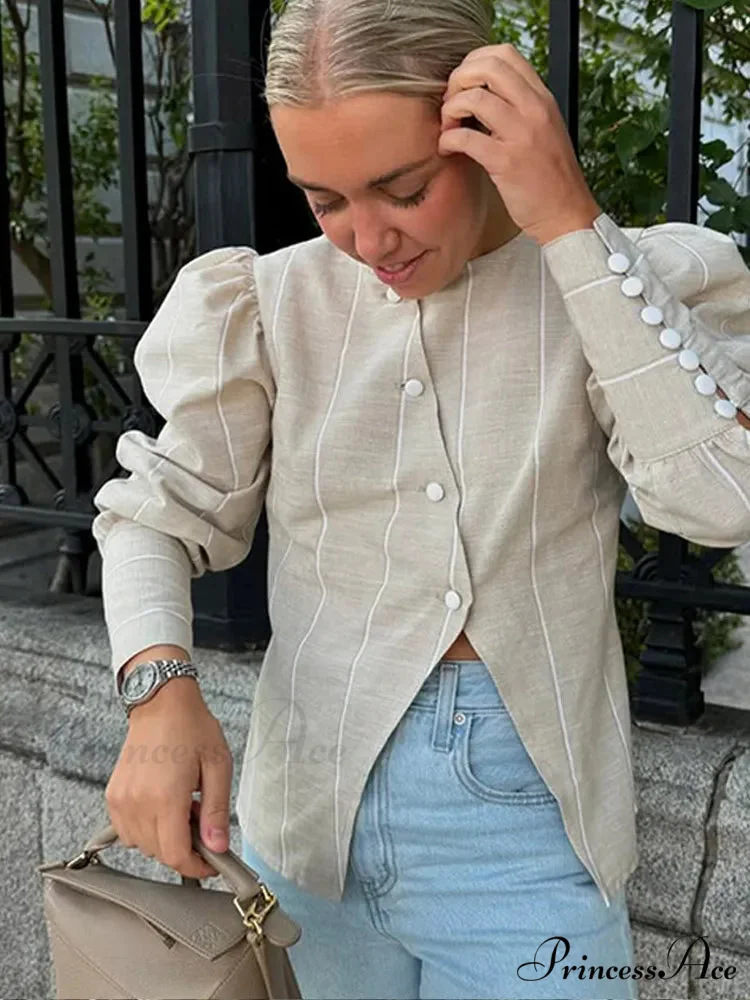 Puffy Sleeve Slanted Button Striped Top - Image 7