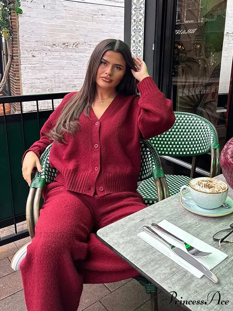 Red Baggy Plunging Neckline Solo Buttoned Cardigan - Image 2