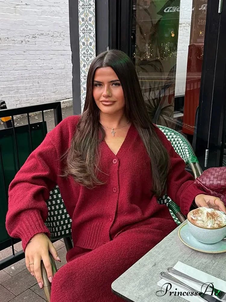 Red Baggy Plunging Neckline Solo Buttoned Cardigan - Image 4
