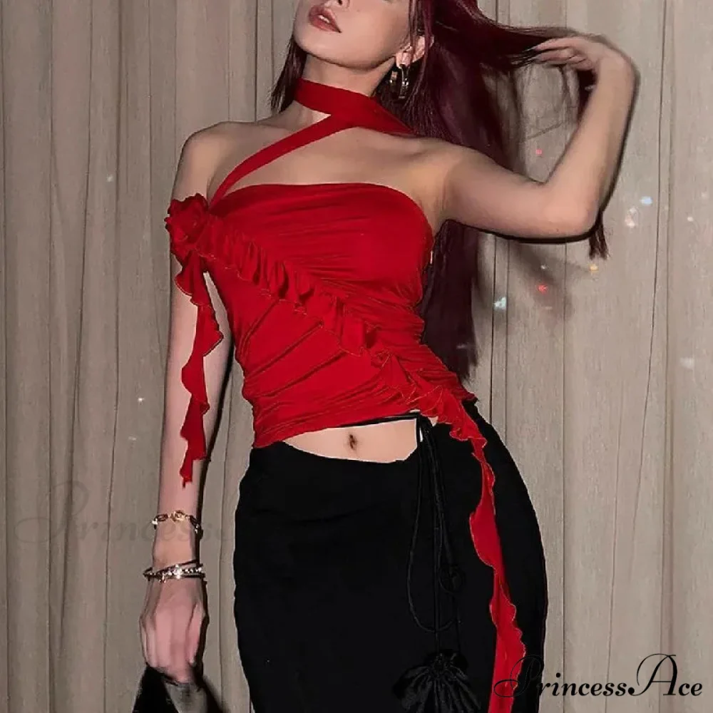 Red Bandage Off Shoulder Halter Backless Bare Midriff Tube Crop Top - Image 2