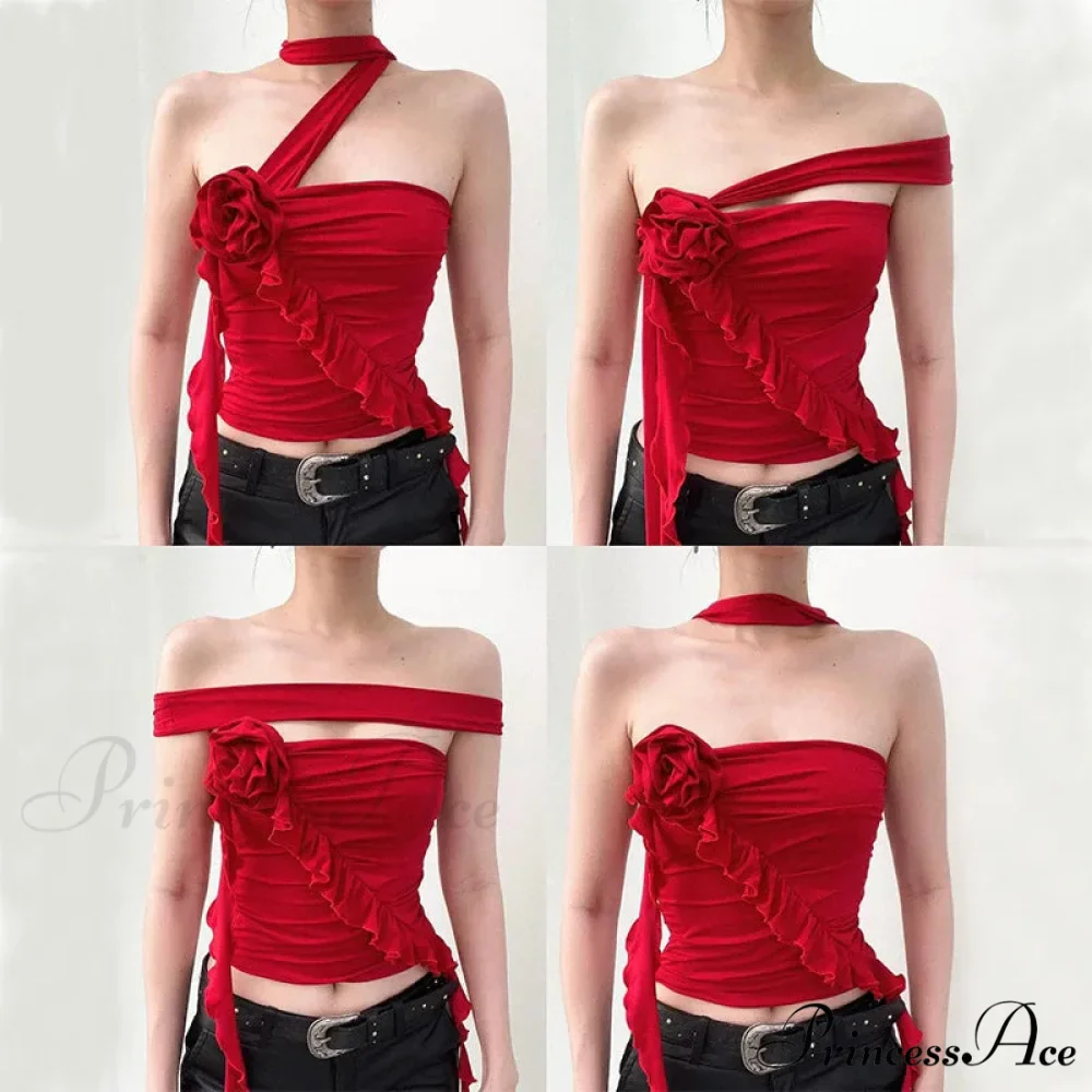 Red Bandage Off Shoulder Halter Backless Bare Midriff Tube Crop Top - Image 3
