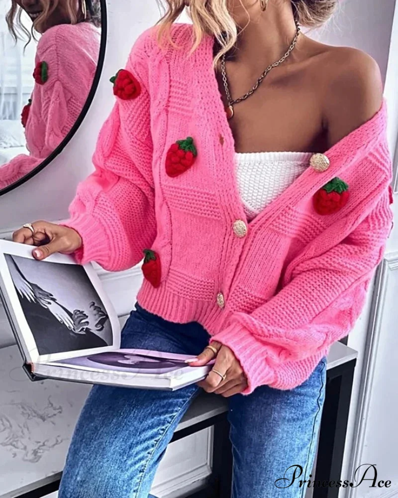 Red Berry Pattern Baggy Knitted Cardigan - Image 3
