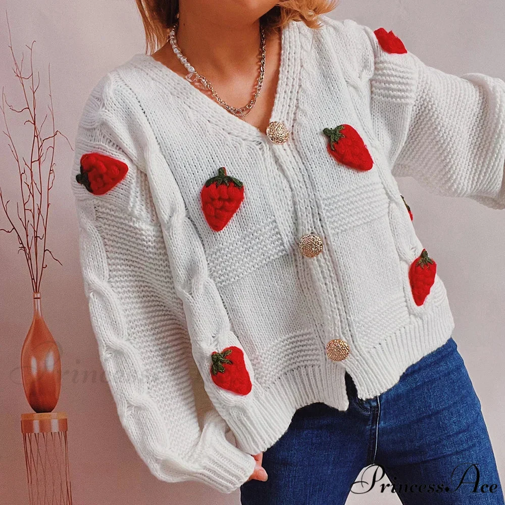 Red Berry Pattern Baggy Knitted Cardigan - Image 4