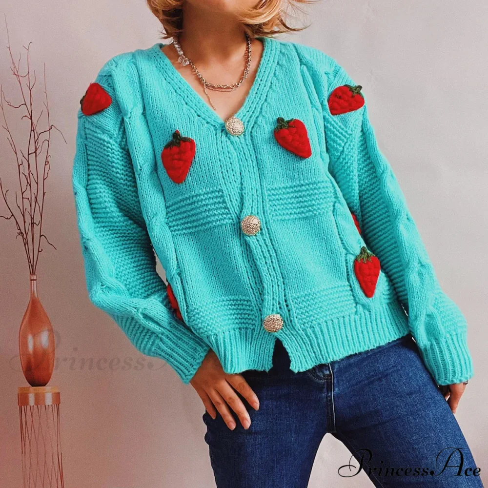 Red Berry Pattern Baggy Knitted Cardigan - Image 5