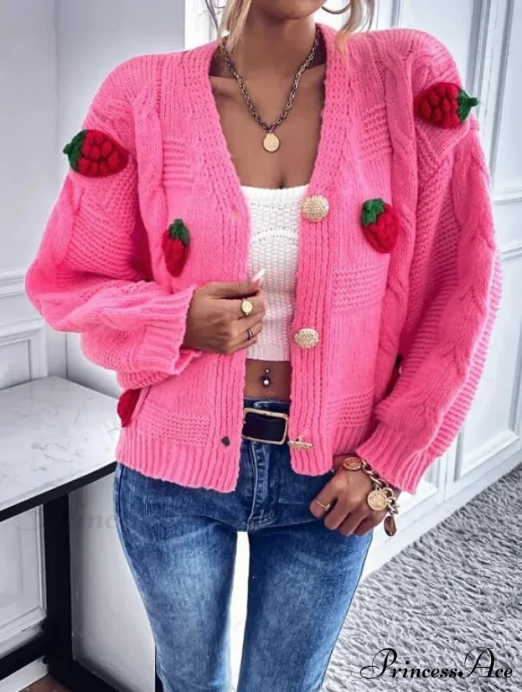 Red Berry Pattern Baggy Knitted Cardigan - Image 6