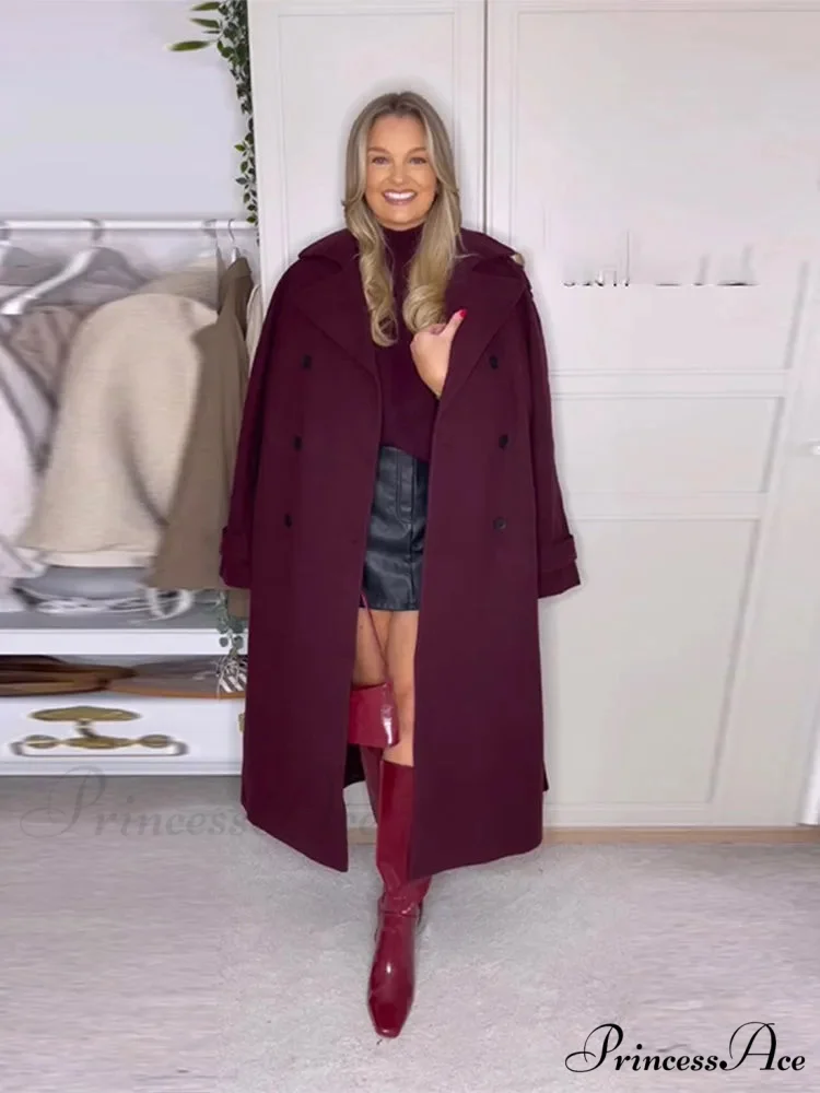 Red Buttons with Belt Wool Coat - Image 2