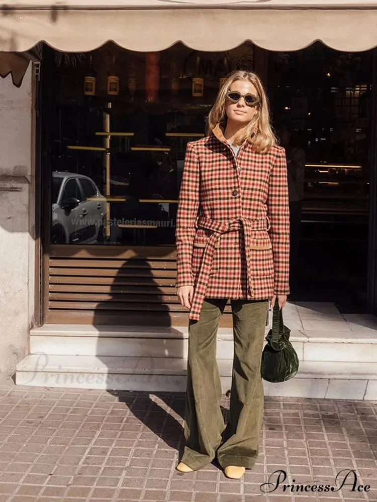 Red Checked Wool Jacket with Belt Coat - Image 3