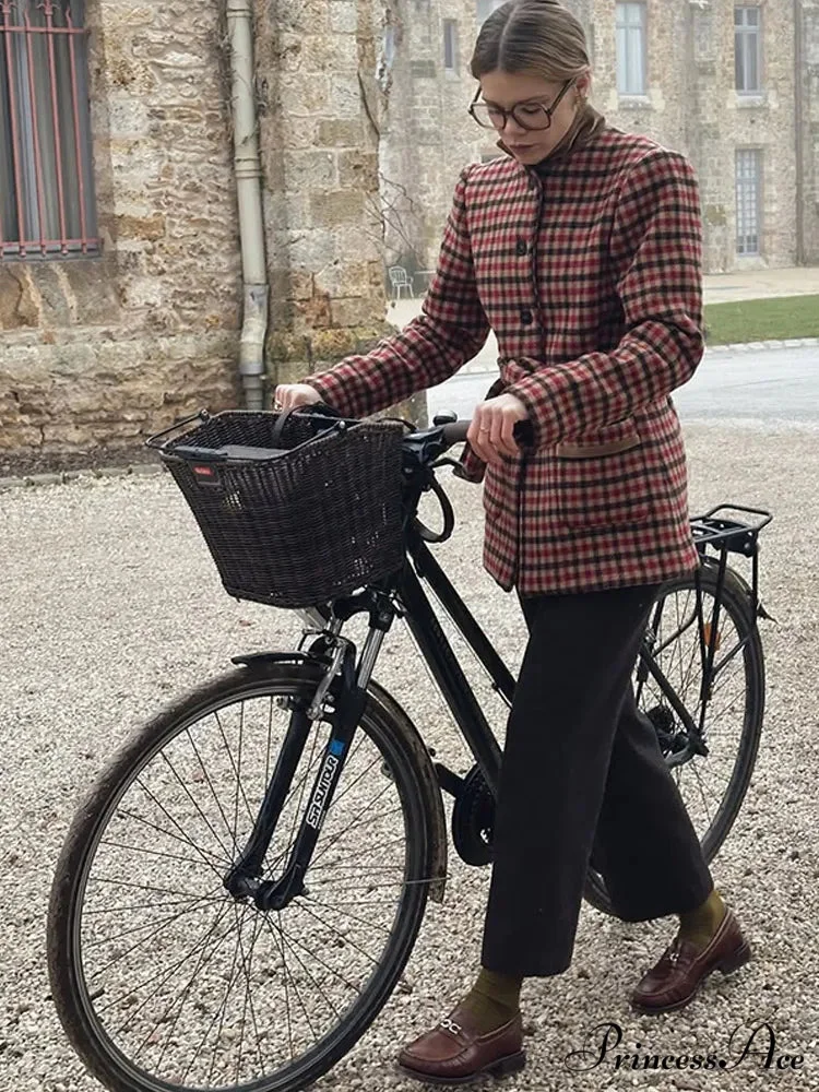 Red Checked Wool Jacket with Belt Coat - Image 5